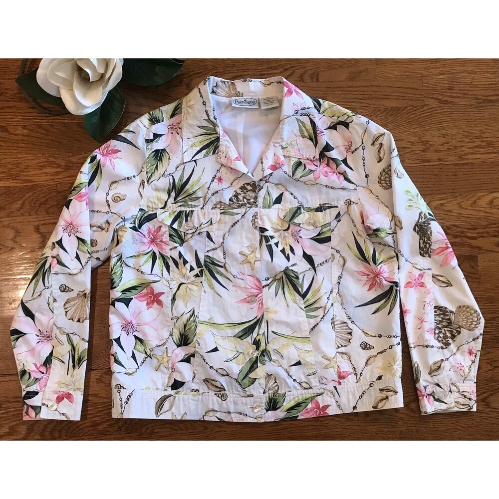 Patchington Size Med Jacket Beach floral design Shells Button Up EUC